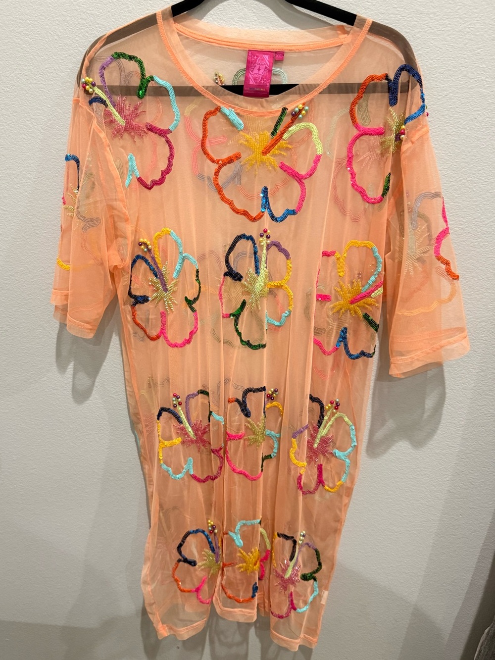 Queen of Sparkles Sheer Peach Floral Sequin Beaded Cover Up XXL